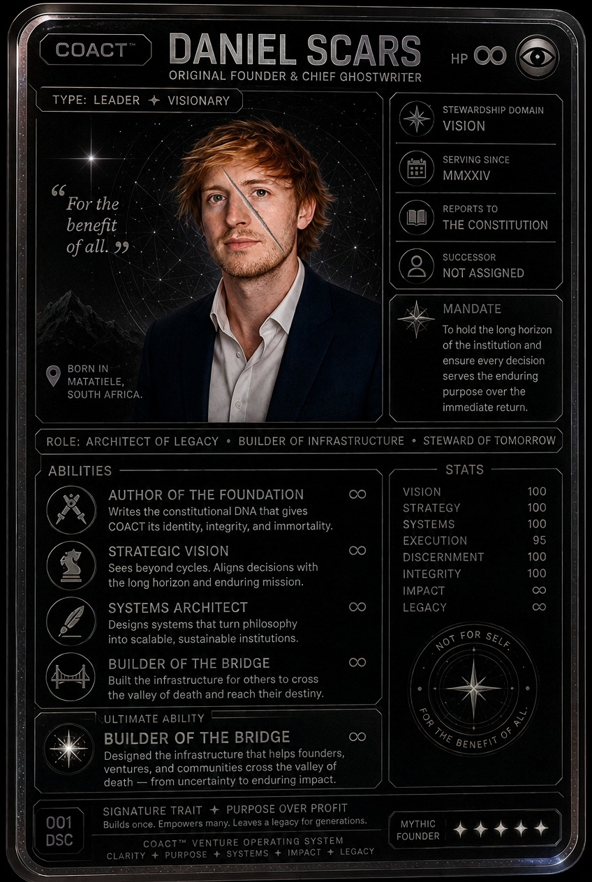 Daniel Scars founder card - Original Founder and Chief Ghostwriter, COACT venture operating system