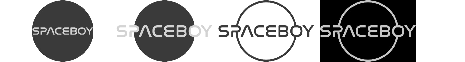 Four SPACEBOY logo variants: solid, wide, outline and reversed