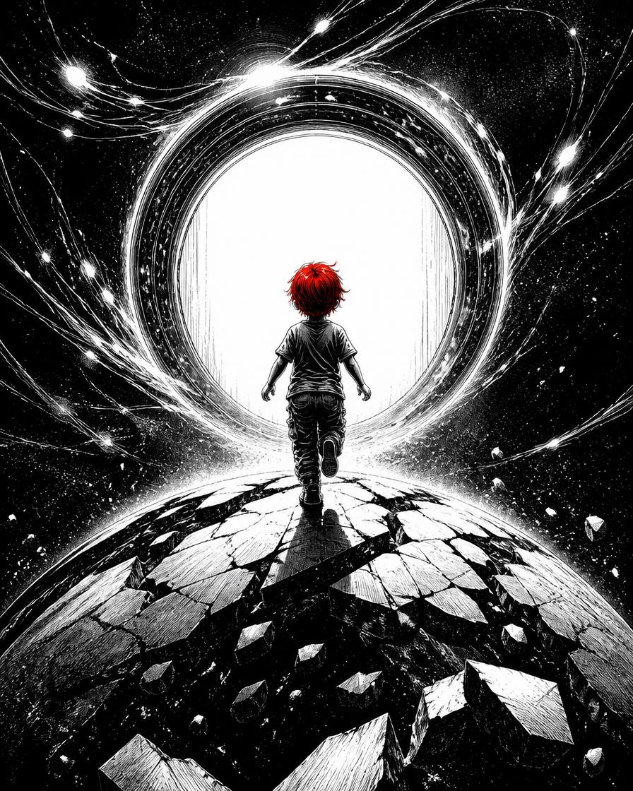 Comic frame: a red-haired child steps through a circular gateway of light above a fractured planet, drawn in black and white ink.