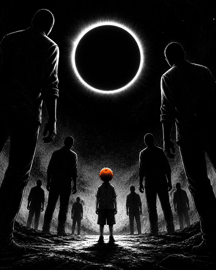 Comic frame: a small boy with ember-orange hair stands beneath a ring-of-fire eclipse, surrounded by tall faceless silhouettes.