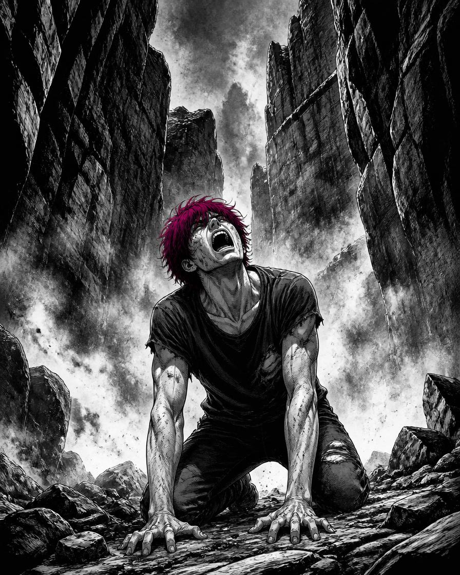 Comic frame: a young man with crimson hair kneels on the floor of a deep gorge, head back, mid-cry.