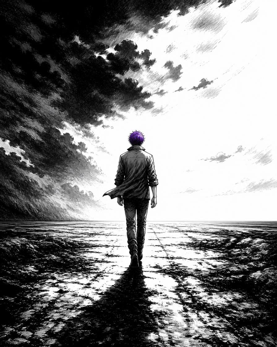 Comic frame: a violet-haired figure walks away from a breaking storm toward a bright horizon.