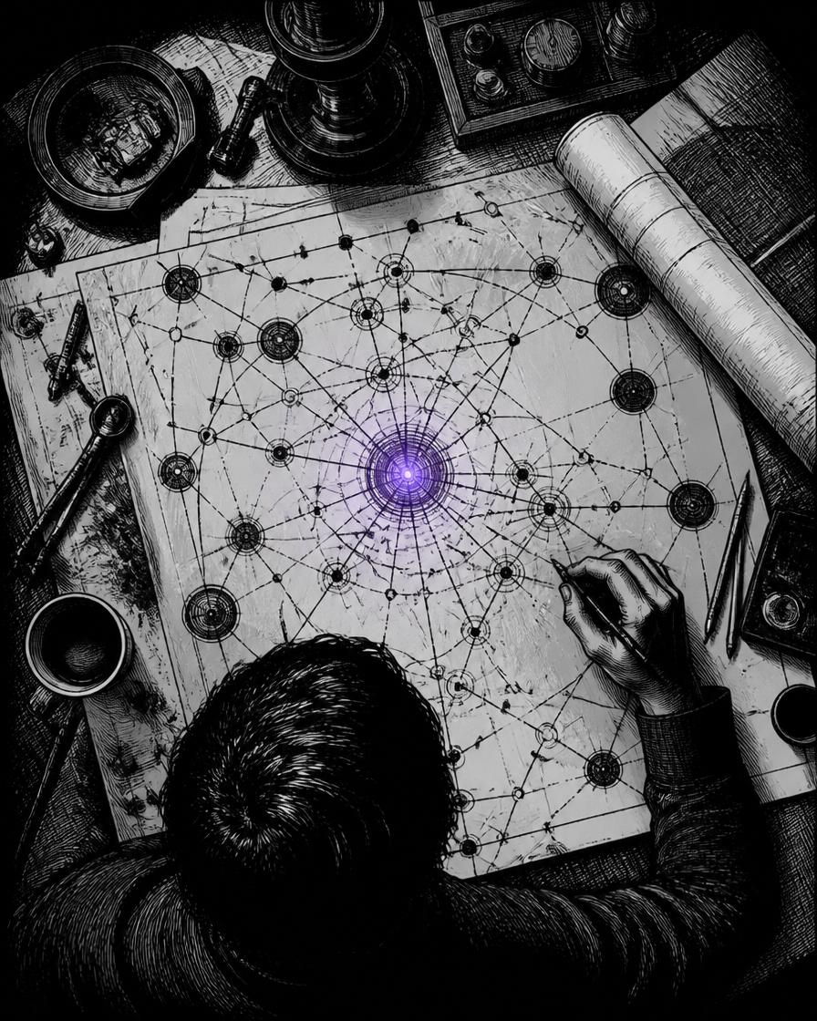 Comic frame: an overhead view of a drafting bench where an ecosystem of connected nodes is drawn, one violet node glowing at the centre.