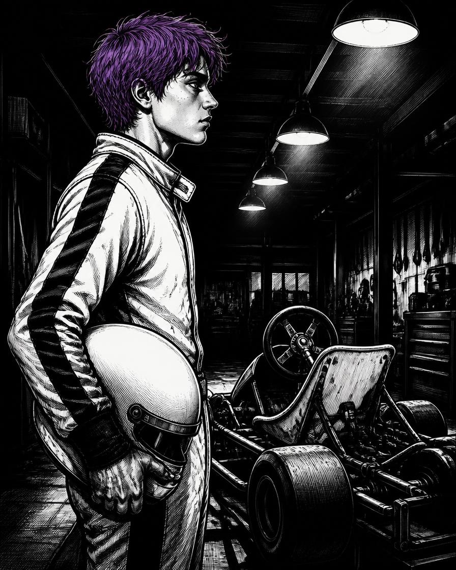 Comic frame: a violet-haired young driver in profile holds a helmet beside a stripped kart in a dark garage.