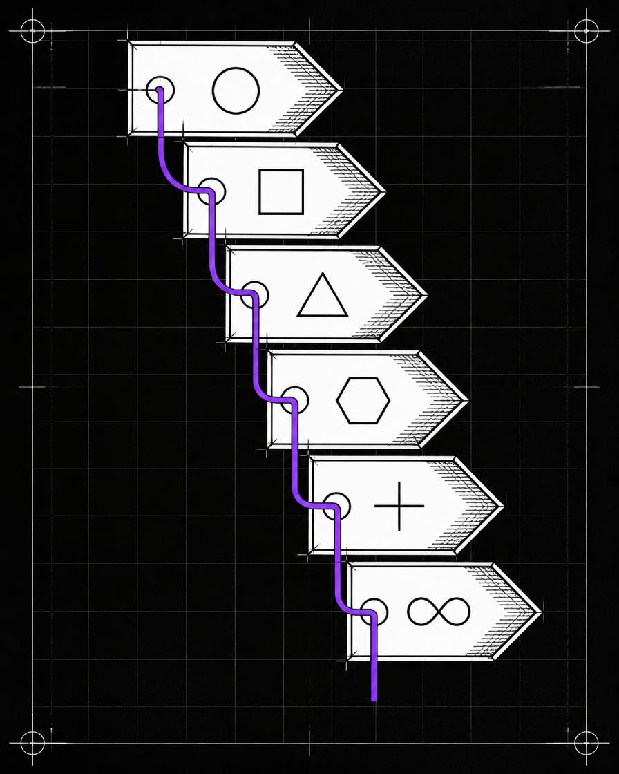 Comic frame: a technical diagram of six stepped chevron stages threaded by a single violet line.