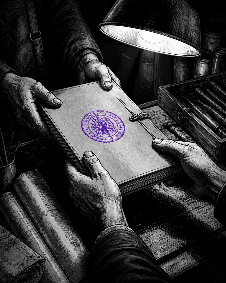 Comic frame: two pairs of hands passing a bound playbook across a workshop bench, a violet stamp on the cover.